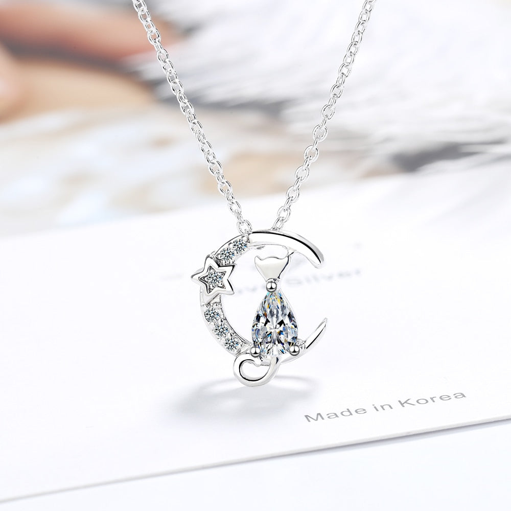 Silver Cat on the moon necklace - The Cat Paradise