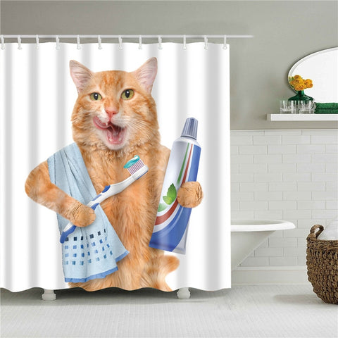 cat brushing teeth shower curtain