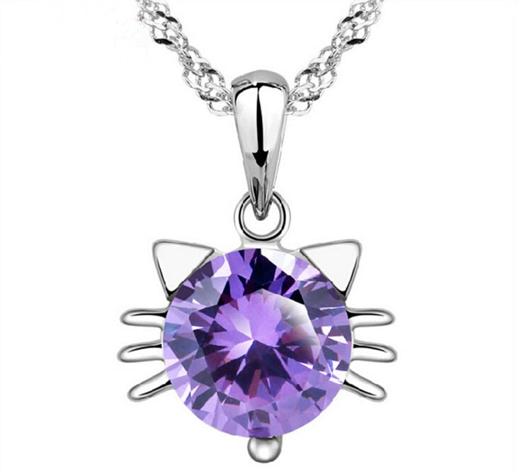 Silver Cat Necklace <br> Purple or white crystal - The Cat Paradise