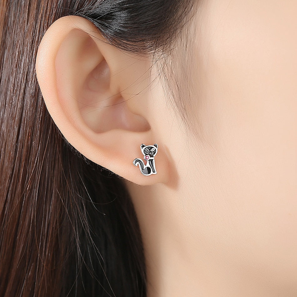 Silver Cat Earrings <br/> Black cat - The Cat Paradise