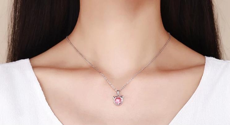 Silver Cat Necklace <br> Cat with pink stone - The Cat Paradise