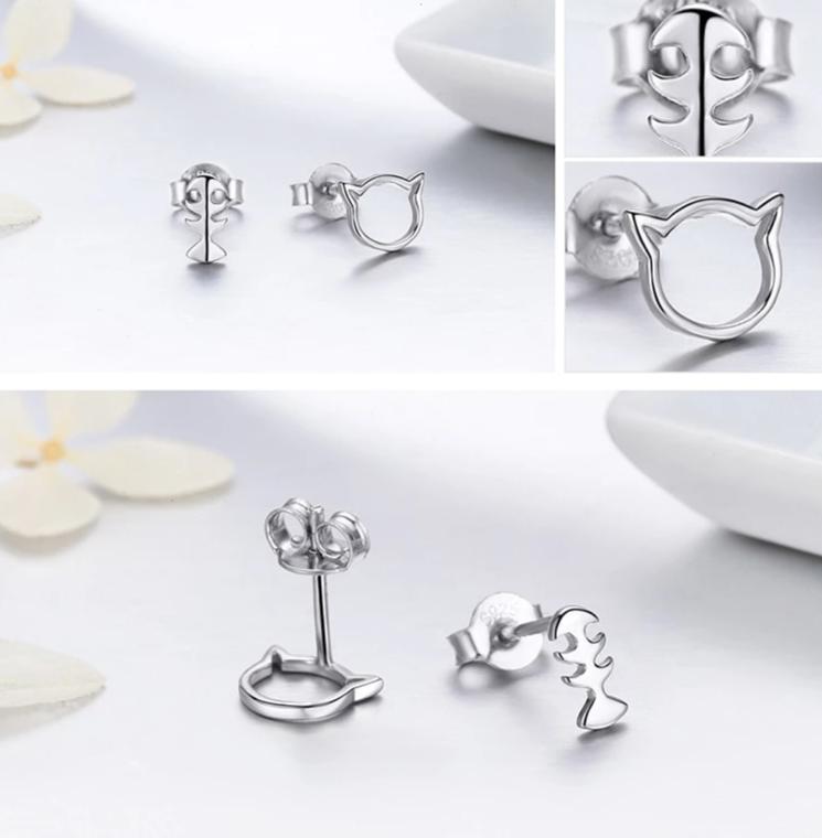 Silver Cat Earrings <br/> Little Cat & Fish - The Cat Paradise