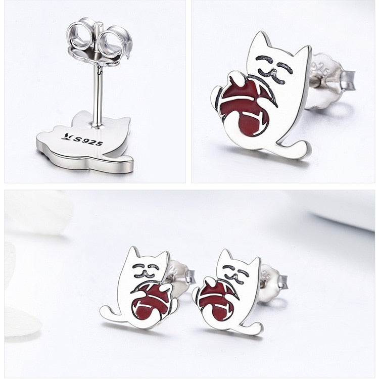 Silver Cat Earrings <br/> Cat with ball of wool - The Cat Paradise