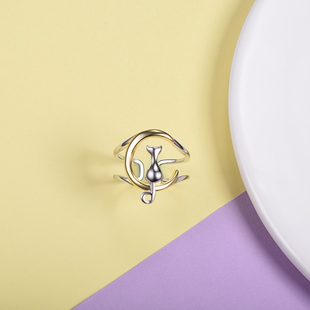 Silver Cat Ring <br> Cat on the Moon - The Cat Paradise