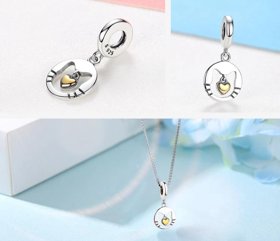 Silver Cat Charm <br> Yellow Heart - The Cat Paradise