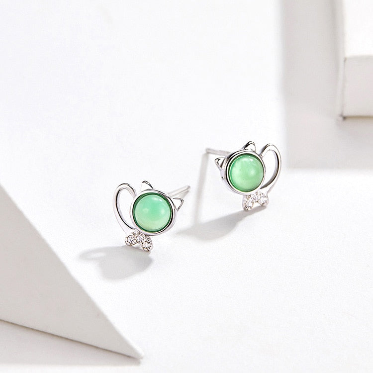 Silver Cat Earrings <br/> Green Stone Kitty - The Cat Paradise