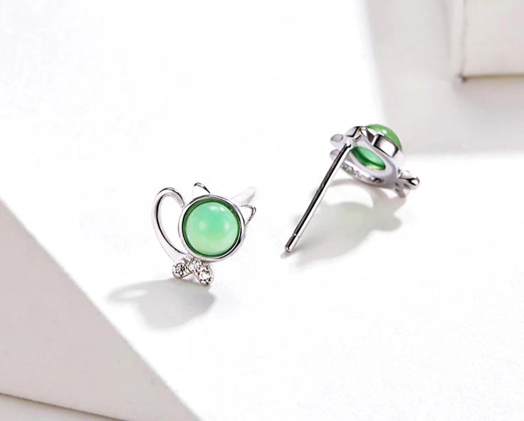 Silver Cat Earrings <br/> Green Stone Kitty - The Cat Paradise