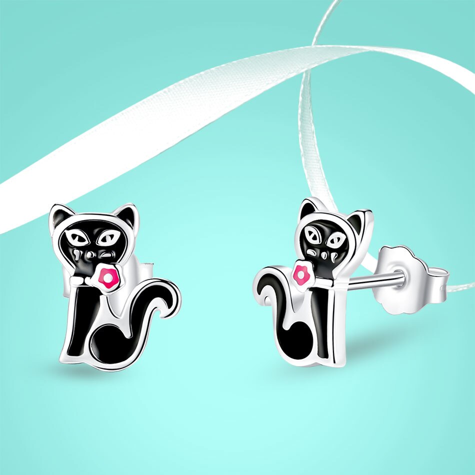 Silver Cat Earrings <br/> Black cat - The Cat Paradise