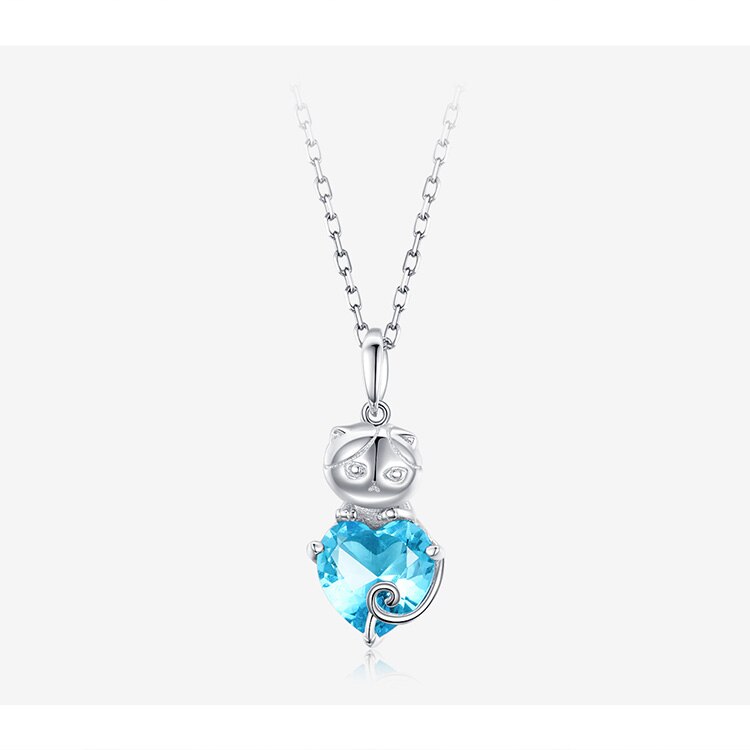 Silver Cat Necklace <br> Cat with blue heart - The Cat Paradise