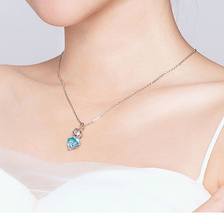 Silver Cat Necklace <br> Cat with blue heart - The Cat Paradise