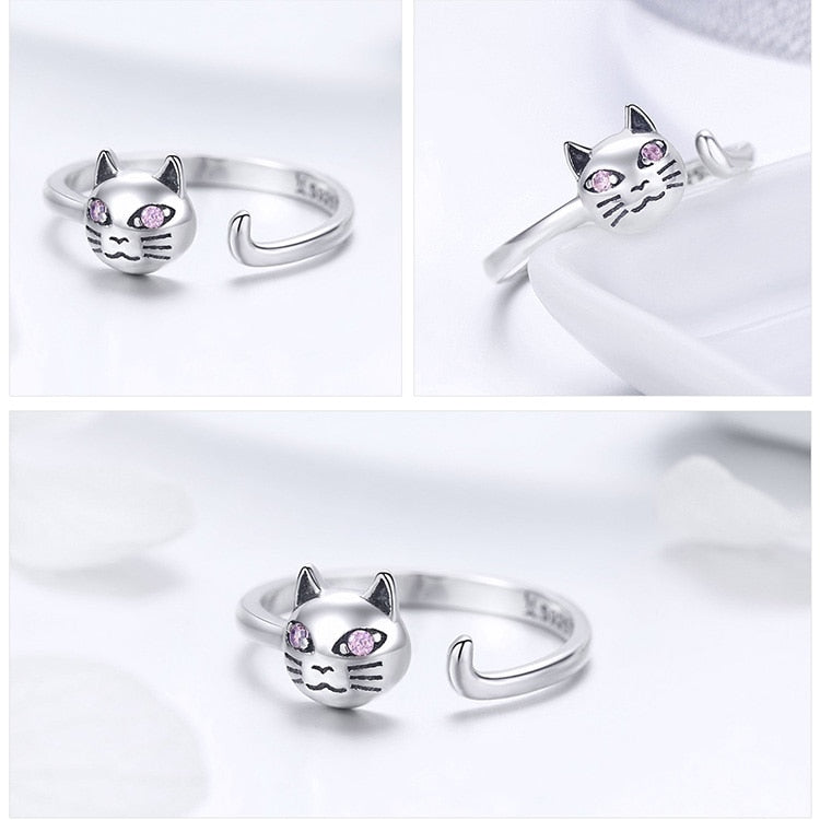 Silver Cat Ring <br> Cat with pink eyes - The Cat Paradise