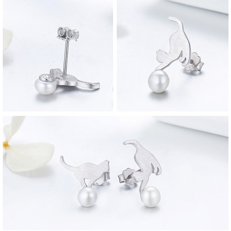 Silver Cat Earrings <br/> Cat playing - The Cat Paradise