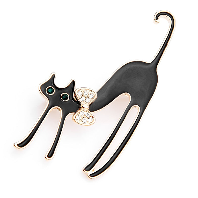 Cat Brooch <br> White Black Stretching Cat - The Cat Paradise