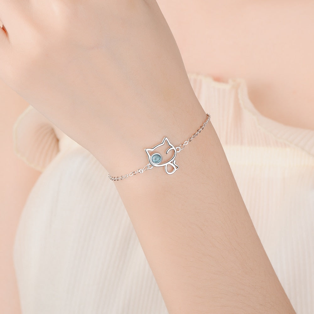 Silver Cat Bracelet <br> Cat with blue eye - The Cat Paradise