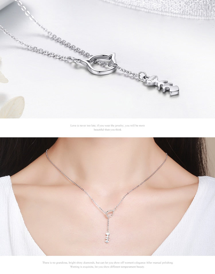 Silver Cat Necklace <br> Cat and Fish - The Cat Paradise