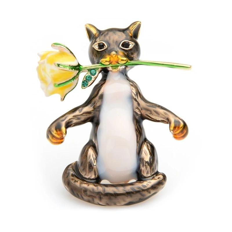 Cat Brooch - Cat with Rose Flower