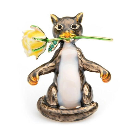Cat Brooch - Cat with Rose Flower