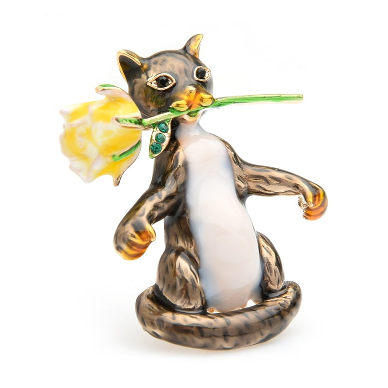 Cat Brooch <br> Cat with Rose Flower