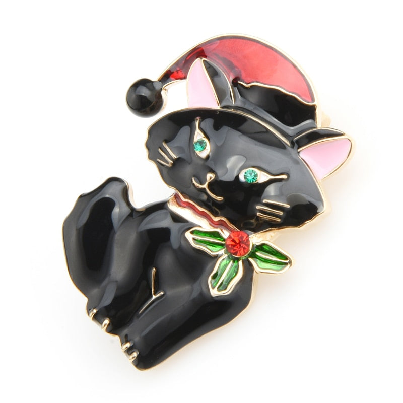 Cat Brooch - White or Black Christmas - black