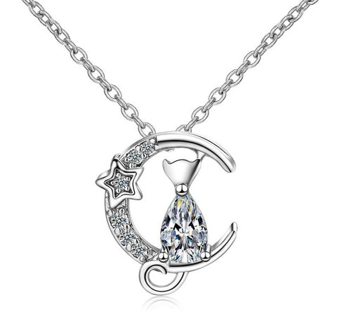 Silver Cat on the moon necklace - The Cat Paradise