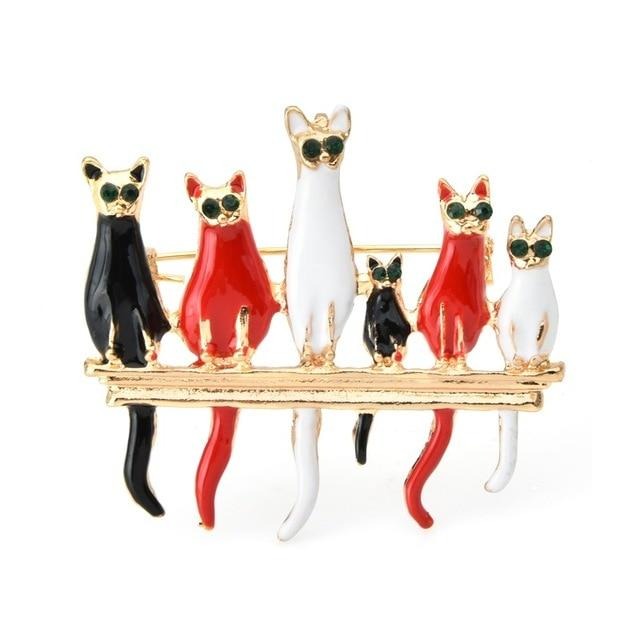 Cat Brooch - Perched Cats - black, red & white