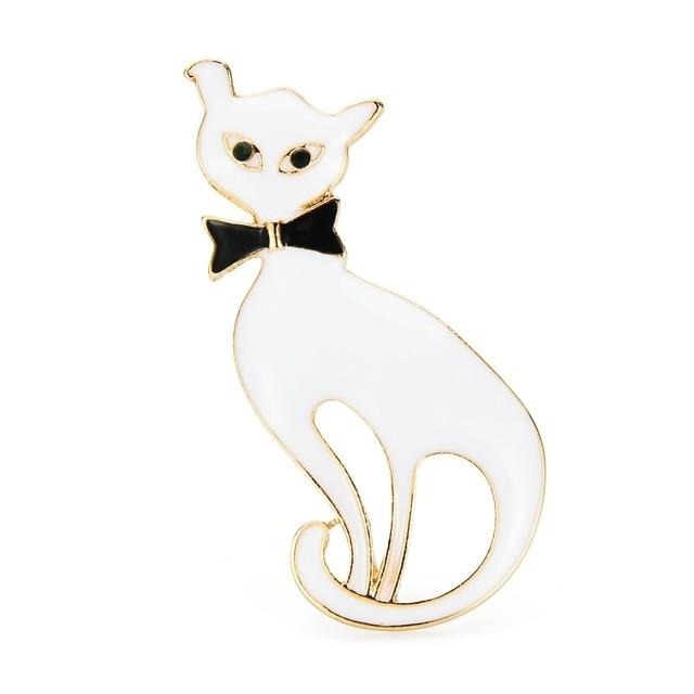 Cat Brooch - Cat with bow tie - white