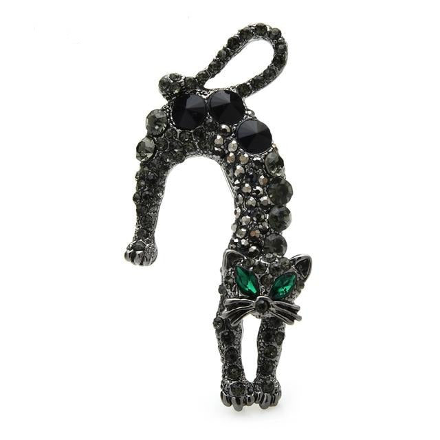 Cat Brooch - Rhinestone Lovely Cat - Black