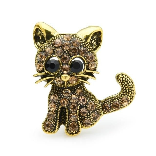 Cat Brooch - Vintage Rhinestone Kitten - gold color