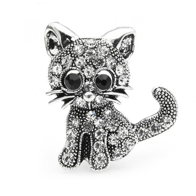 Cat Brooch - Vintage Rhinestone Kitten - silver color