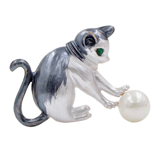 Cat Brooch - Kitten playing - Grey