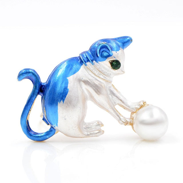 Cat Brooch - Kitten playing - blue