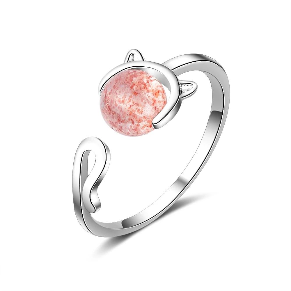 Silver Cat Ring <br> Strawberry Crystal - The Cat Paradise