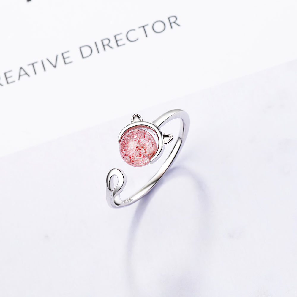 Silver Cat Ring <br> Strawberry Crystal - The Cat Paradise