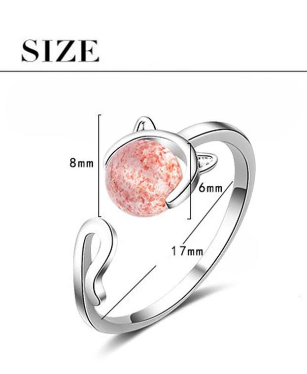 Silver Cat Ring <br> Strawberry Crystal - The Cat Paradise