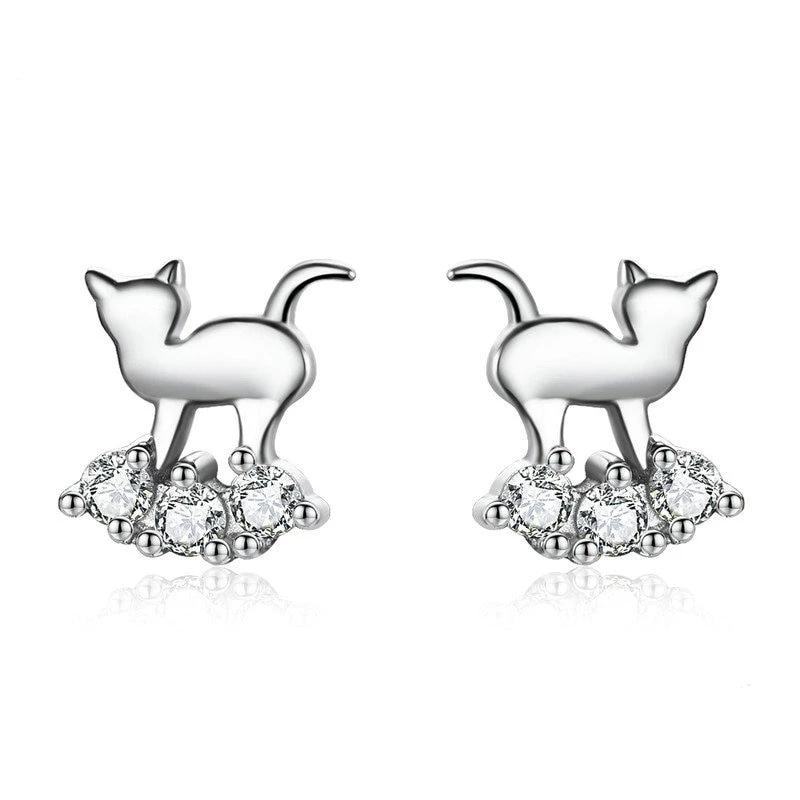 Silver Cat Earrings <br/> Crystal Cat - The Cat Paradise