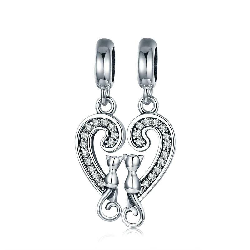 Silver Cat Charm <br> Cat Love in Sweet Heart - The Cat Paradise