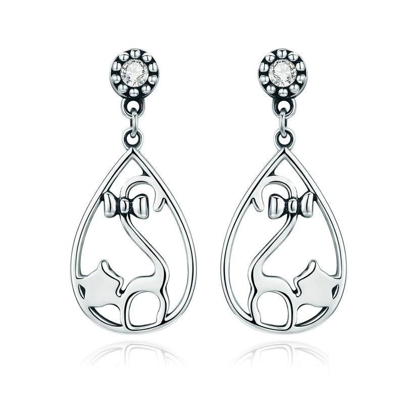 Silver Cat Earrings <br/>  Cat with Bowknot - The Cat Paradise