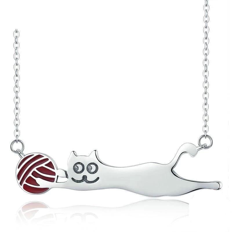 Silver Cat Necklace <br> Cat with a ball of wool - The Cat Paradise