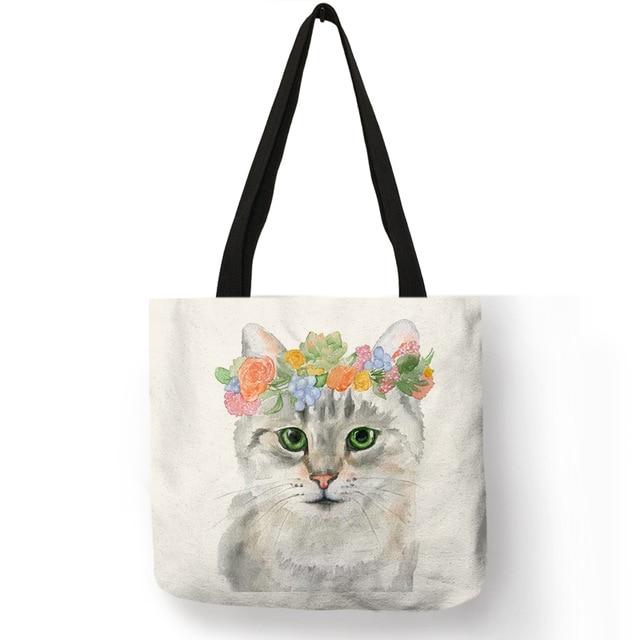 Cat Tote Bag <br> Cat with multicolored flowers - The Cat Paradise