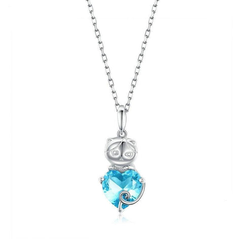 Silver Cat Necklace <br> Cat with blue heart - The Cat Paradise