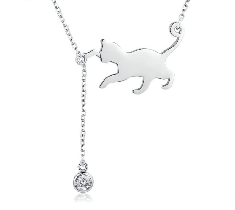 Silver Cat Necklace <br> Cat catching a wool ball - The Cat Paradise