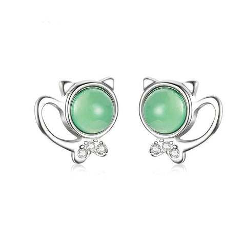 Silver Cat Earrings <br/> Green Stone Kitty - The Cat Paradise