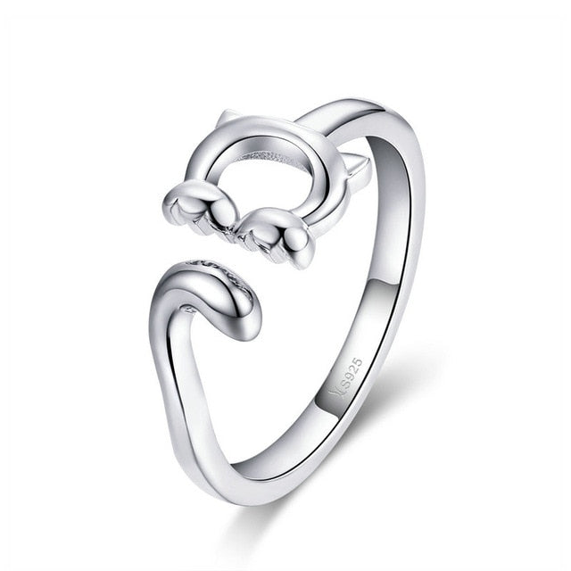 Silver Cat Ring <br/> Cat's head with his paws - The Cat Paradise