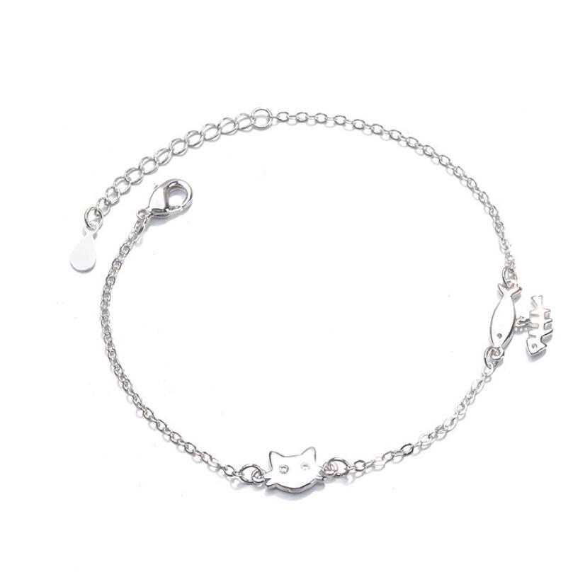 Silver Cat Bracelet - Cat and Fish Bone | The Cat Paradise