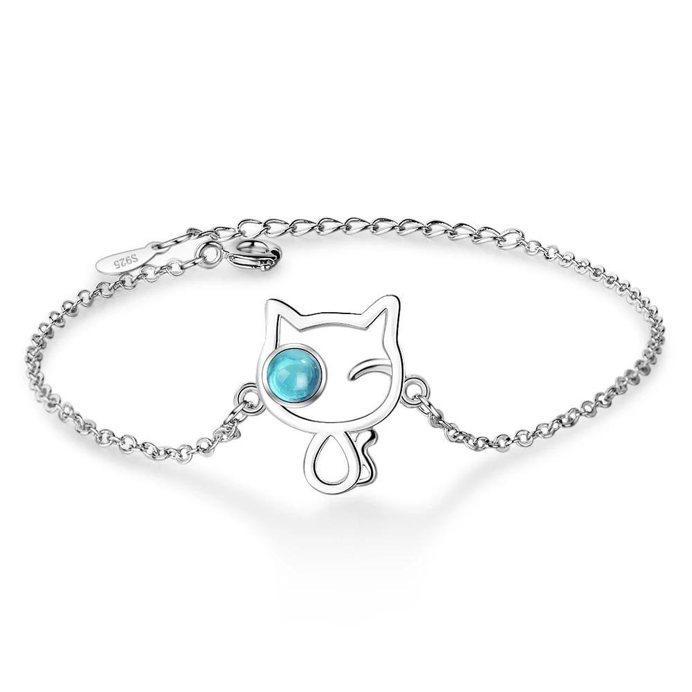 Silver Cat Bracelet - Cat with blue eye | The Cat Paradise